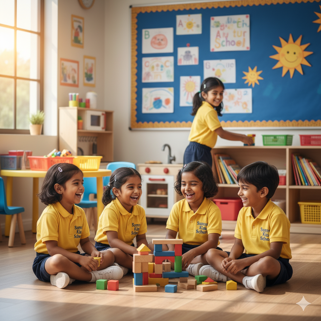 Nursery kids learning with toys